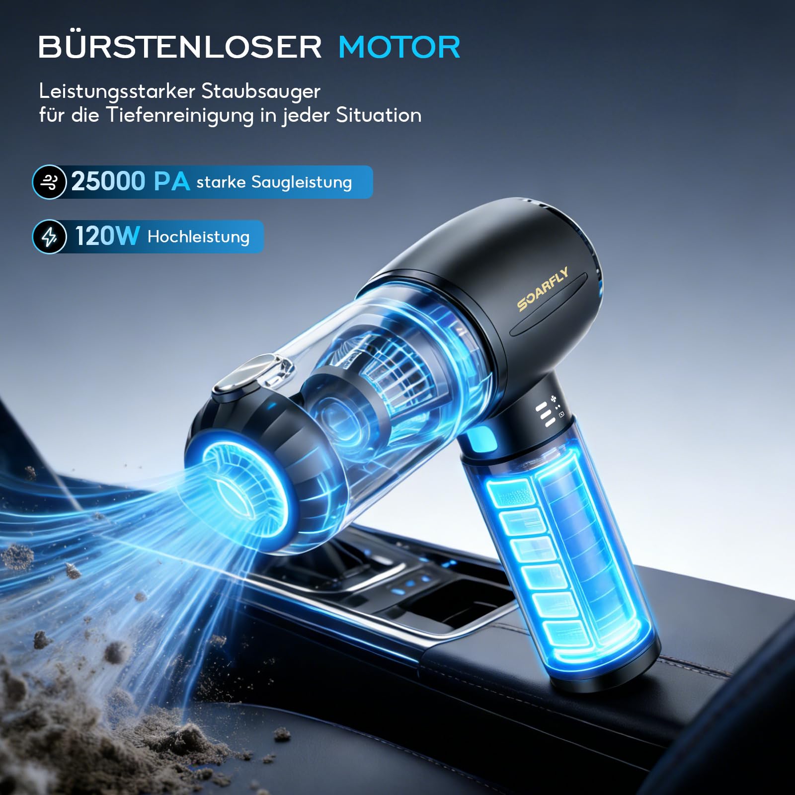 SoarFly Handstaubsauger Akku, 25000Pa 4 in 1 Auto Mini Staubsauger Kabellos Stark mit LED Licht, 2-Gang Elektrische Staubgebläse mit Bürstenloser Motor für den Auto, Küche, PC, Sofa, Büro 2