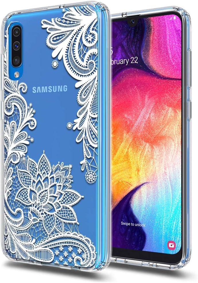 Huness Galaxy A50 Case TPU Grip Bumper and Clear Flower Transparent Hard PC Backplate Hybrid Slim Phone Case Cover for Samsung Galaxy A50 Phone (Flower)