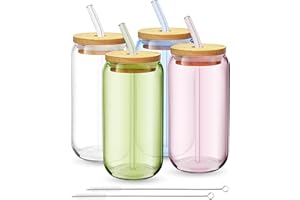 fullstar Tumblers with Lids - Drinking Glasses, Iced Coffee Cups with Bamboo Lids (4 Pack, Multicolor, No Sleeves)