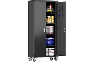 JAORD Metal Storage Cabinet with Wheels, Rolling Storage Cabinet with 4 Adjustable Shelves and 2 Doors, 72” Lockable Storage Cabinet with Pegboard for Home, Utility Room, Assembly Required(Black)
