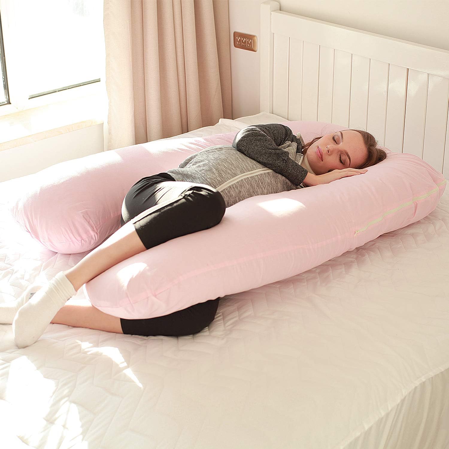 TILLYOU Large Zipper Personalized Pregnancy Pillo Cover, 100% Egyptian Cotton Fully Body Maternity Replacement Pilllowcase, Soft Breathable, Fit Standard U Shaped Pillow, Pink: Kitchen & Dining