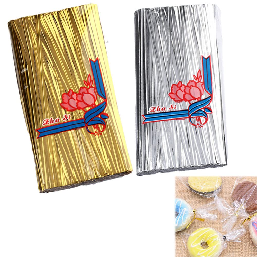 luou 1000 PCS Gold Silver Foil Twist Ties,Metallic Foil Twist Ties Metallic Twist Ties Bag Sealer,Metallic Wire Magic Twist Ties,for Cellophane Sweet Cones Bread Candy Cookie Gift Bag Baking Party