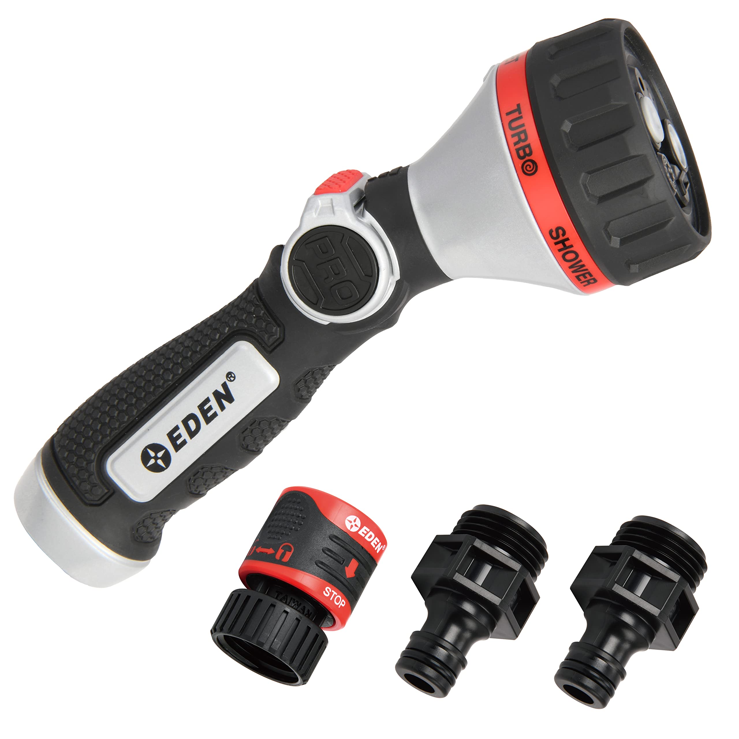 Photo 1 of Eden 94824 Heavy Duty Metal Thumb-Control Garden Hose Spray Nozzle 6-Pattern High Pressure Sprayer W/Quick Connector for Hose Watering Garden&Lawn, Showering Pets& Outdoor Fun, Car Washing