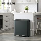 SONGMICS Dual Rubbish Bin 2-Compartment 30 L Pedal Lids 15 Bags Greenish Grey view 2