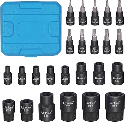 Qnkaa CRV Torx Bit Socket Set 24PC T8-T40 E4-E24 1/4 3/8 1/2 Dr Storage Case