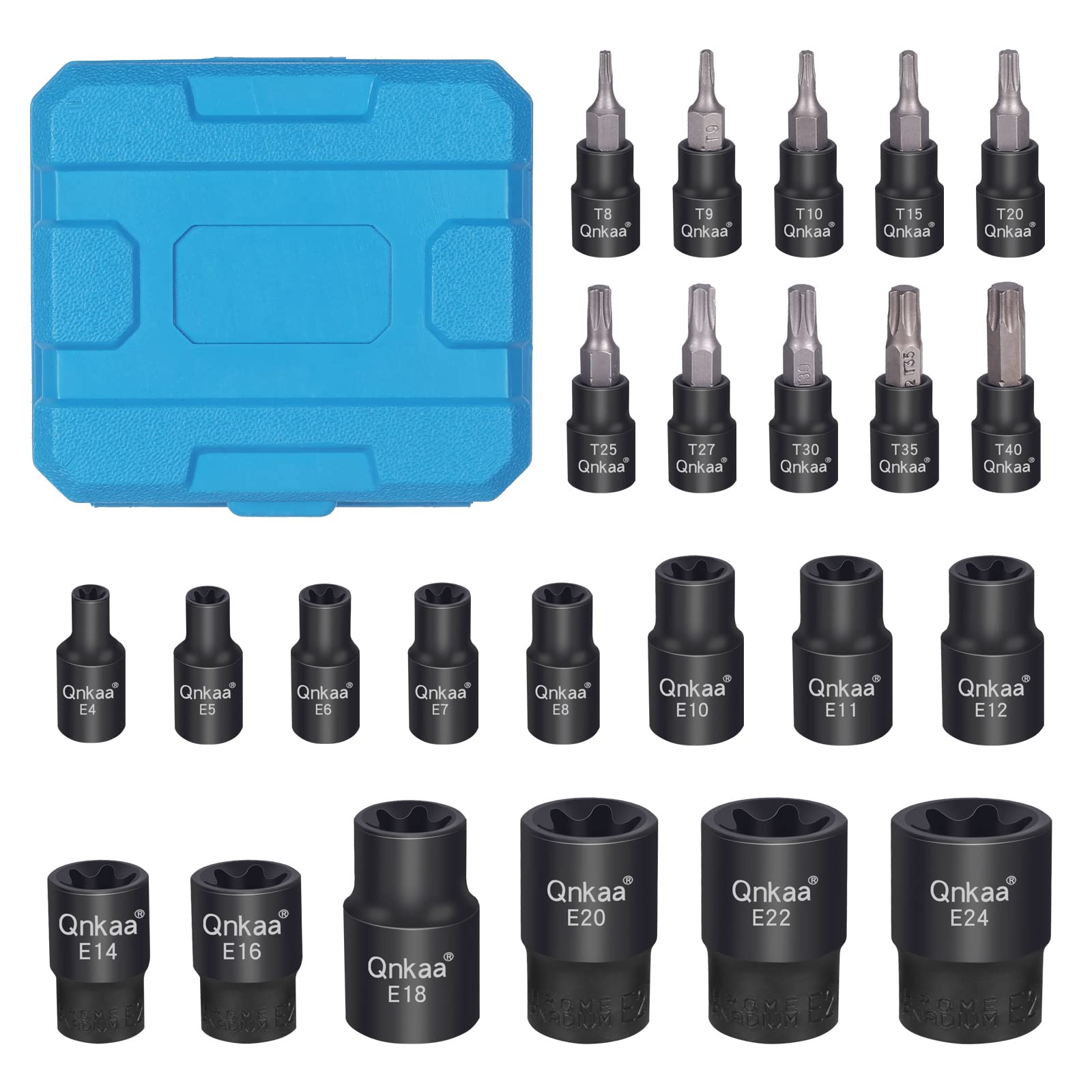 CRV Torx Bit Socket Set - 24PCS: 10pcs Star Socket Bits (T8-T40) & 14pcs Female E-Torx Sockets (E4-E24) 1/4" 3/8" 1/2" | Enhanced Mini Storage Case