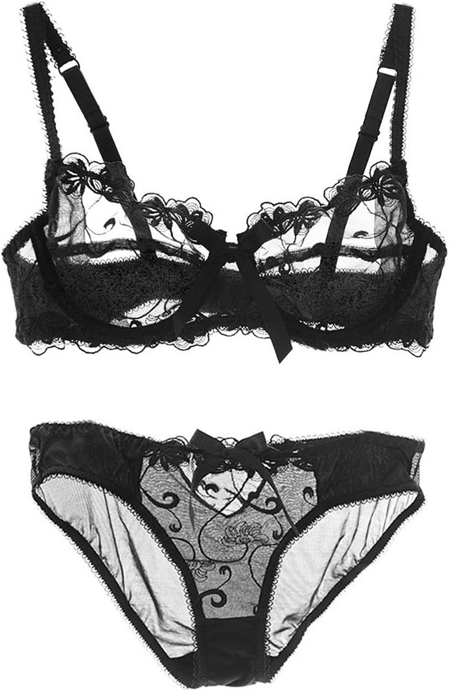 Nanier Women's Thin Transparent Lace Bra Set Black 36B