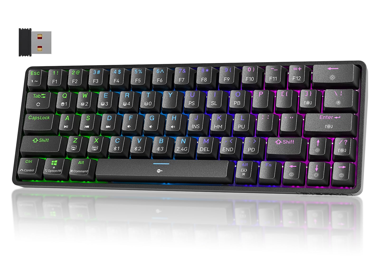 TMKB T63 Gaming Keyboard, 60% Wireless Mechanical Keyboard with Bluetooth/2.4G/Type-C, Compact 63 Keys Anti-Ghosting, RGB Backlight, Linear Red Switch - Black