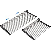 ARAINY Large Telescopic Drain Rack Roll Up Rack Heat-Resistant Dish Drainer Kitchen Sink Rack Over The Sink Dish Drying Rack Stainless Steel Dish Rack (18 Tube 21.25''x12.79'')