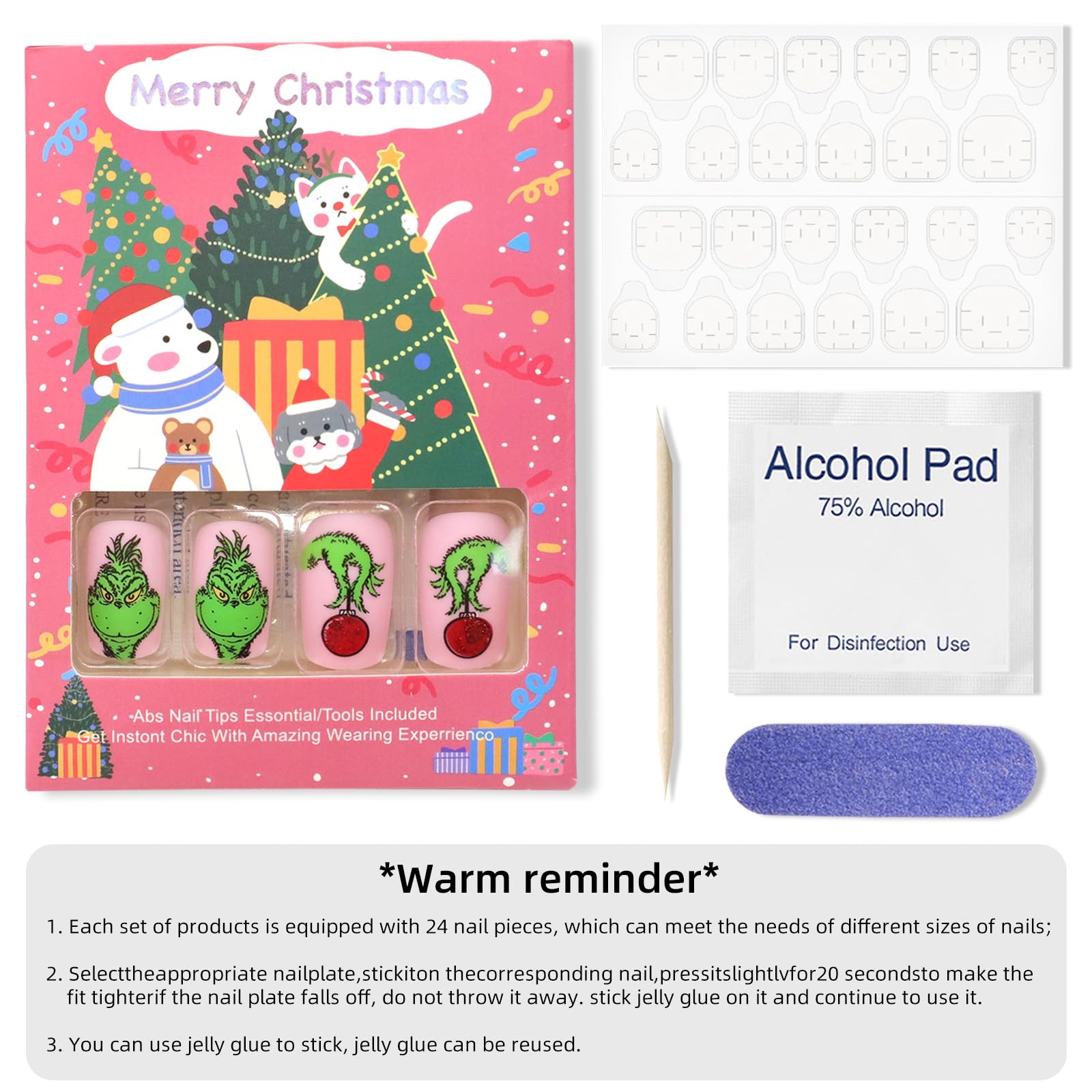 Christmas Press on Nails Short Square Fake Nails Pink Stick on Nails Winter False Nails with Fun Cartoon Green Haired Monster Designs Xmas Candy Cane Press on Nails for Women Girls Holiday Manicure - Image 6