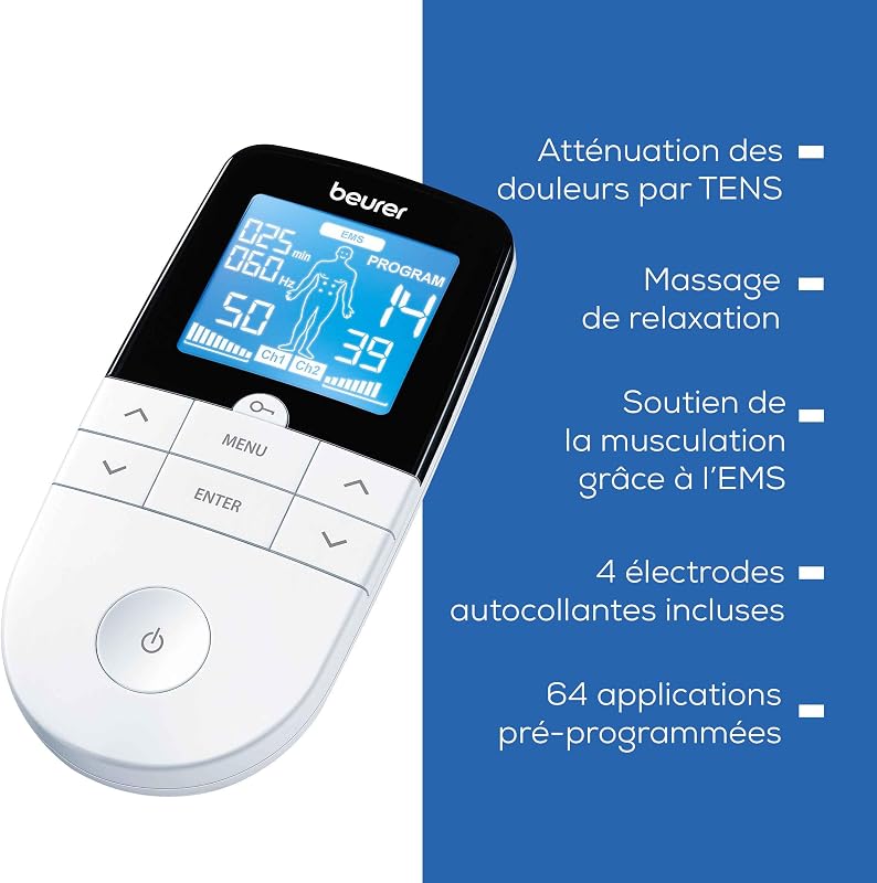 EM49 Électrostimulateur musculaire 3 en 1 :TENS/EMS/Massage, thérapie anti-douleur TENS, stimulation électrique des muscles EMS, 4électrodes, Noir réutilisables incluses, facile à emporter