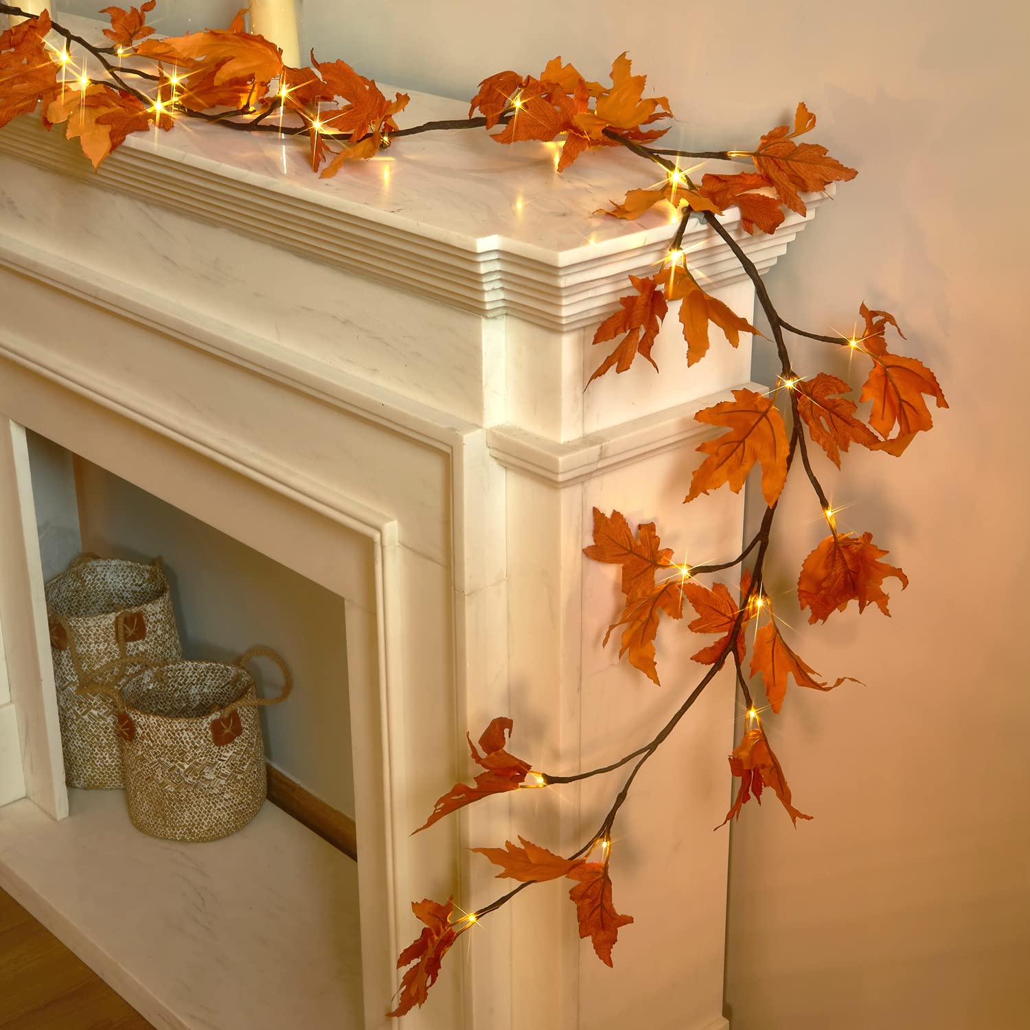 Photo 1 of Fudios Lighted Maple Leaf Garland with Timer 24 Warm White LED 6FT for Fall Thanksgiving Decor, Artificial Garland with Lights Battery Operated Harvest Christmas Decoration Indoor Outdoor