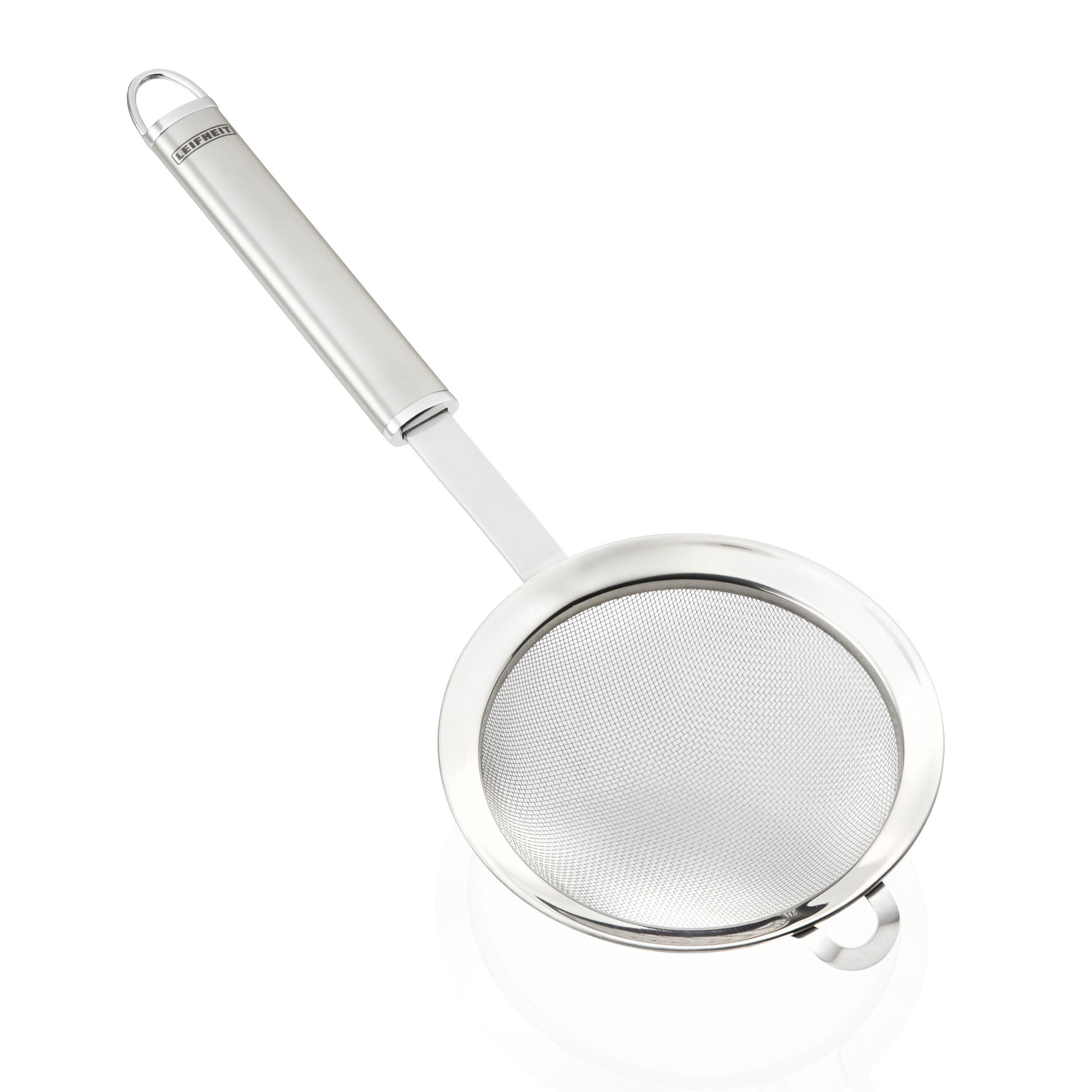 Leifheit kitchen sieve 11 cm, small fine-mesh pasta sieve made stainless steel, sieve with practical hanging loop and handle with thumb recess, household sieve, silver