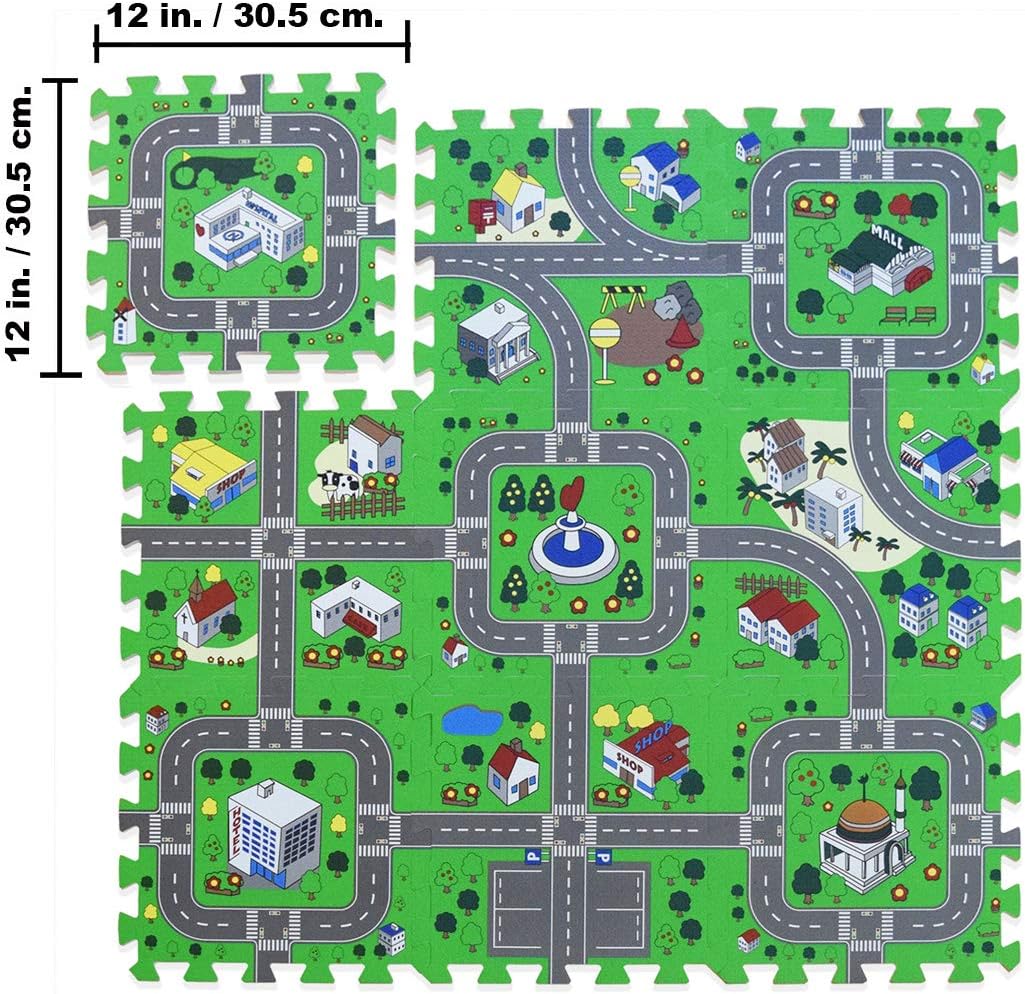 Play Mat Road Toy Foam Playmat Interlocking Floor Puzzle Road Playroom Mat Interactive Play Set Bundle with Hot Wheels Cars (5 pc - Car Set): Toys & Games