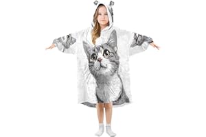 Nander Cute Cartoon Little Cat Wearable Blanket Hoodie for kids,Oversized Soft Cozy Flannel Sweatshirt Blanket with Pockets-S