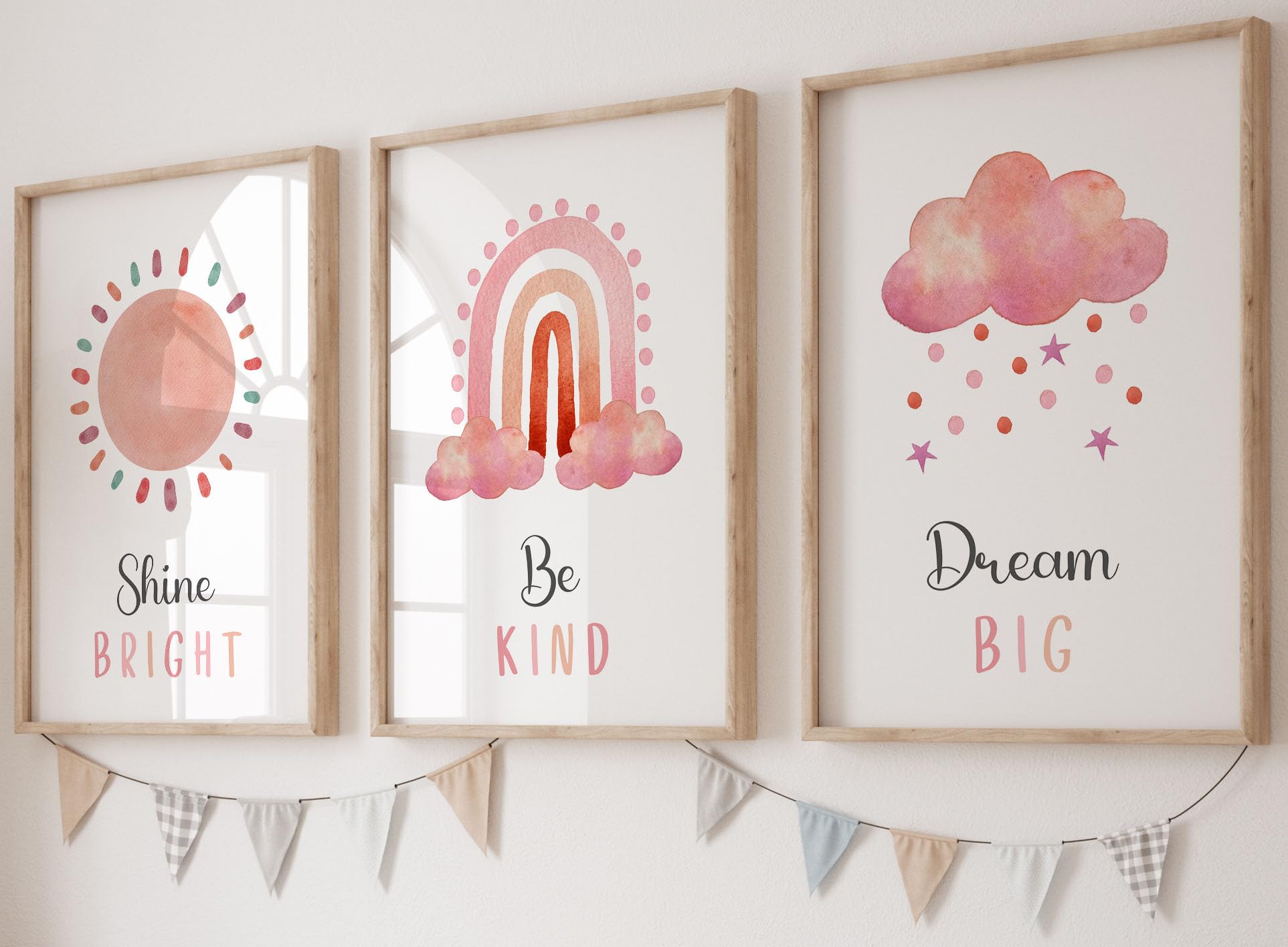 Coral Sunshine Rainbow Cloud Set of 3 Unframed Prints, Girls Nursery Bedroom Decor Wall Art, Playroom Poster, Boho Rainbow Sun, Shine Bright Be Kind Dream Big (A3)