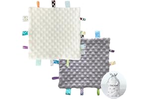 CREVENT Tag Security Blankets for Babies, Soft Small Taggie for Boys Girls, Baby Comforter Sensory Blanket, Great Gifts for Birthday Baby Shower 10"X10" (Grey+Ivory)
