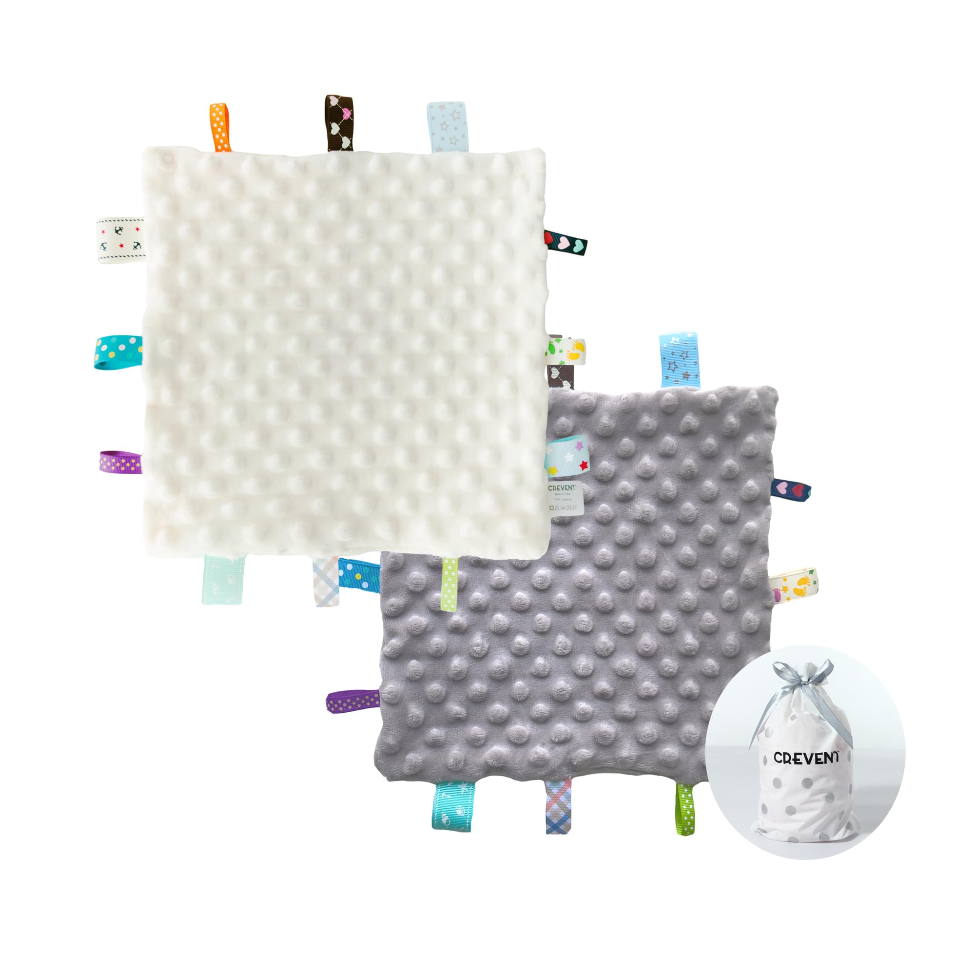 CREVENT Tag Security Blankets for Babies, Soft Small Taggie for Boys Girls, Baby Comforter Sensory Blanket, Great Gifts for Birthday Baby Shower 24.5cmX24.5cm (Grey+Ivory) — image 1