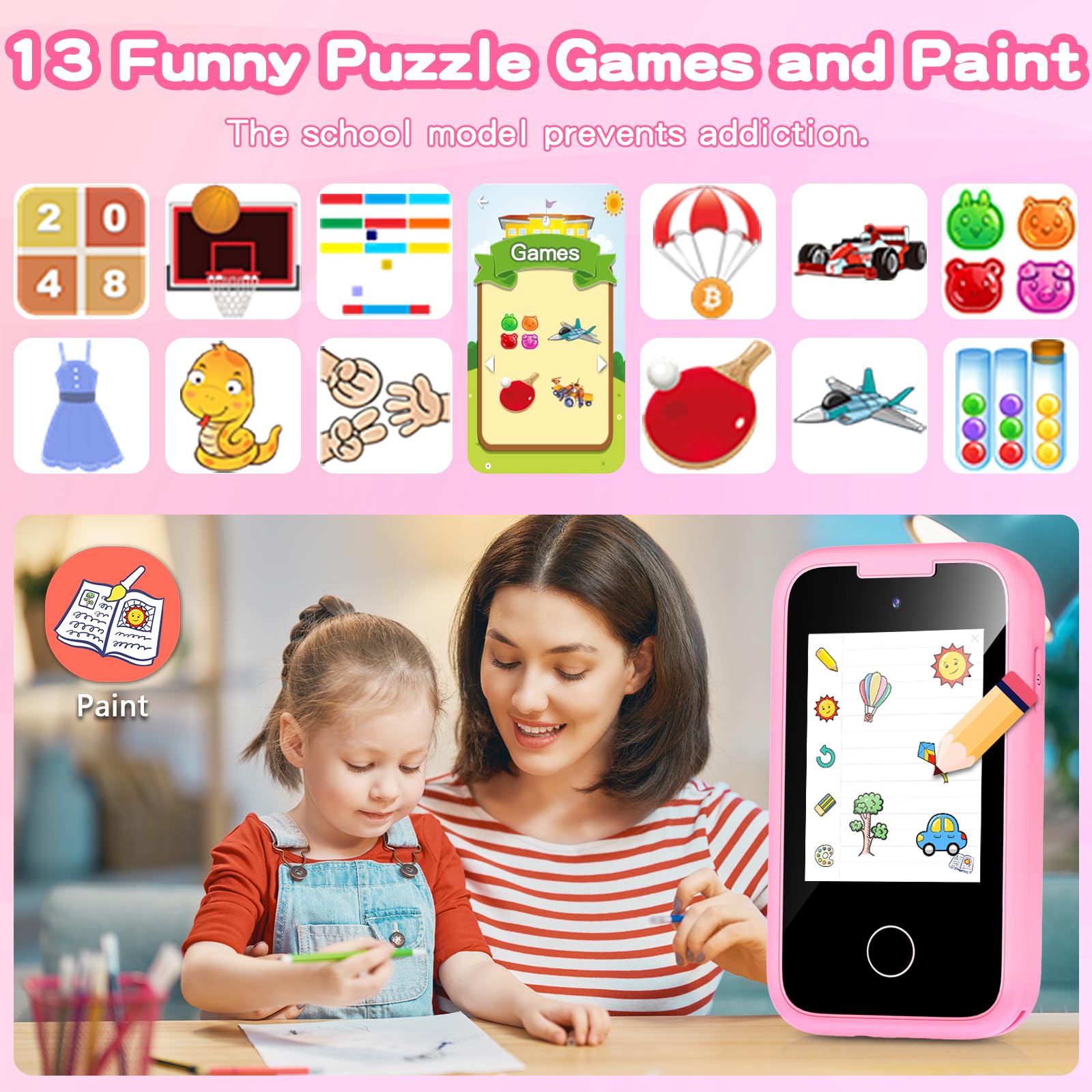 ASIUR Kids Smart Phone for Girls Children's Christmas Birthday Gift for Boys, Toddler Pretend Smartphone Play Fake Cellphone with Games, MP3 Music Player, 3 4 5 6 7 8 9 10 Years Old Toys(Pink)