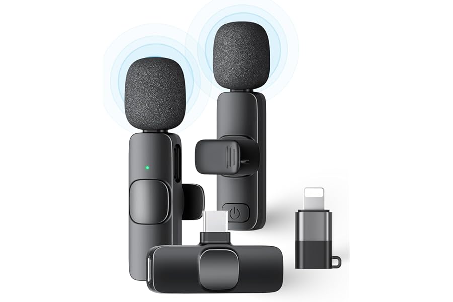 2 Pack Wireless Lavalier Microphone for iPhone iPad and Android Phone, Lapel Mic Plug and Play Wireless Mic Noise Reduction Mini Microphone for Video Recording Interview Podcast Vlog YouTube Tiktok