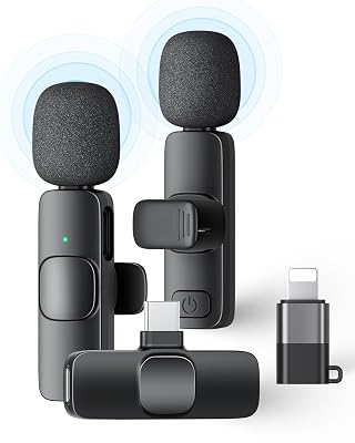 2 Pack Wireless Lavalier Microphone for iPhone iPad and Android Phone, Lapel Mic Plug and Play Wireless Mic Noise Reduction Mini Microphone for Video Recording Interview Podcast Vlog YouTube Tiktok
