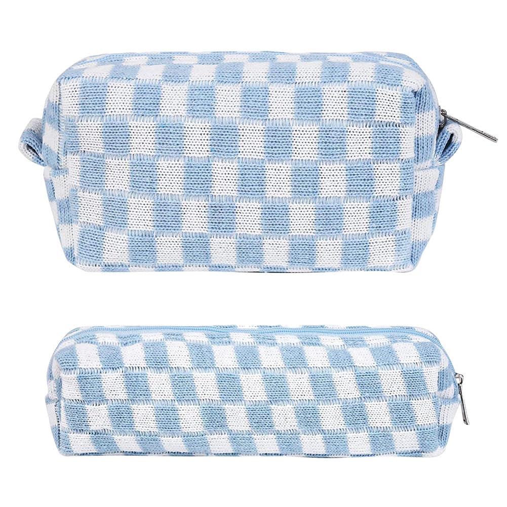 2 Pcs Checkered Cosmetic Bag Pencil Case Portable Travel Toiletry Bag Grid Pen Bags Makeup Brushes Storage Pouch Stationery Organizer Pouch for School Girls Boys Blue