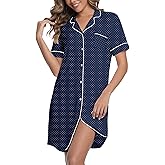 CONOMAX Nightgowns for Women Bamboo Viscose Sleepwear Button Down Sleep Shirt Short Sleeve Sleepdress Soft Nightshirt S-5XL