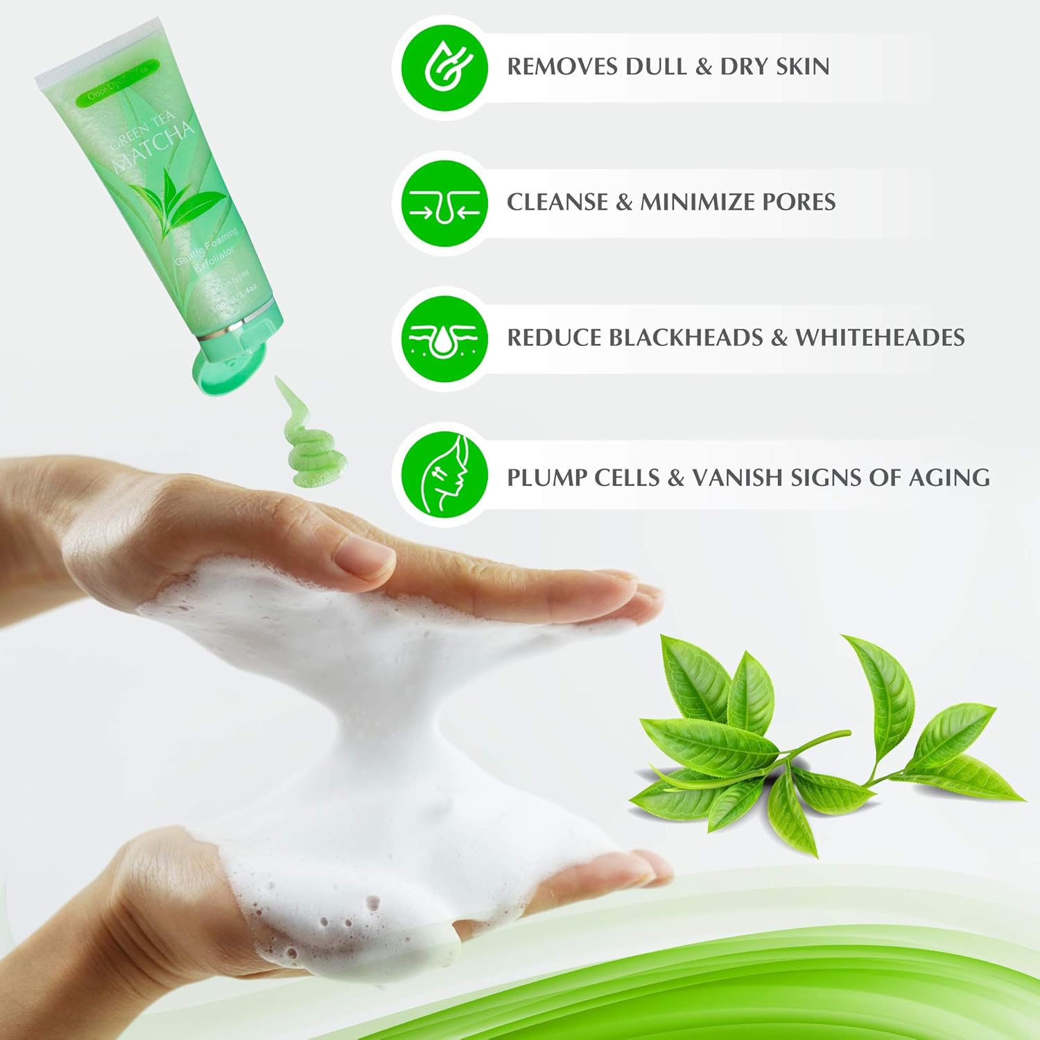 Green Tea Matcha Gentle Foaming Exfoliator, Best Exfoliating Face Wash For Men & Women, Deep Cleansing & Reduces Clogged Pores, Anti-Aging Facial Skin Care Cleanser, Microdermabrasion Effect : Beauty