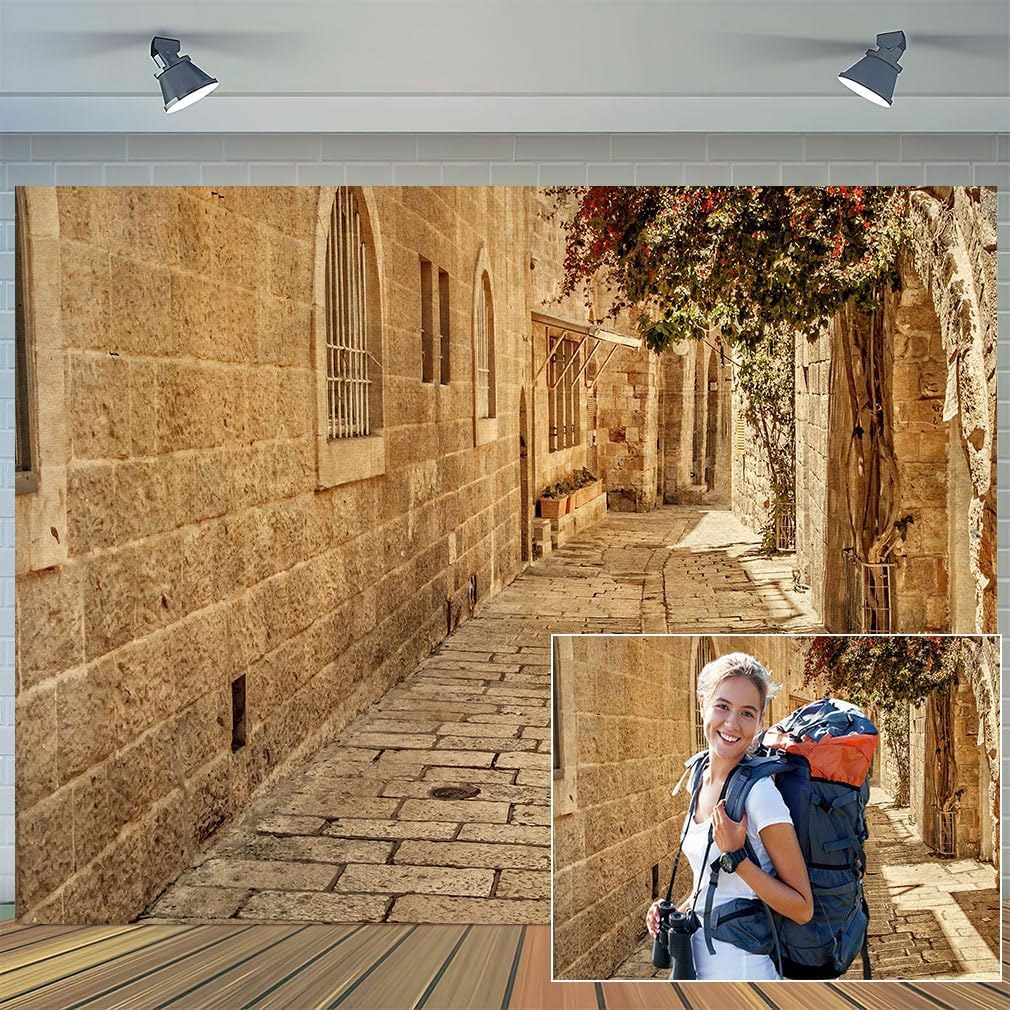 Photo 1 of 10x8 ft Jerusalem Old Narrow Street Backdrop Ancient Stone Wall Pink Flowers Sunshine Vintage Warmth Background Party Living Room Decor Banner Kids Adults Portrait Photo Studio Props