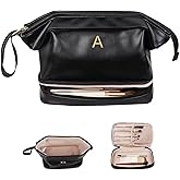 Vogewood Birthday Gift Ideas, Gifts for Women, Initial Large Makeup Bag for Her, Travel Essentials, Girly Girl Stuff Cosmetic Bag with Makeup Brush Organizer, Gifts for Mothers Teens Girls