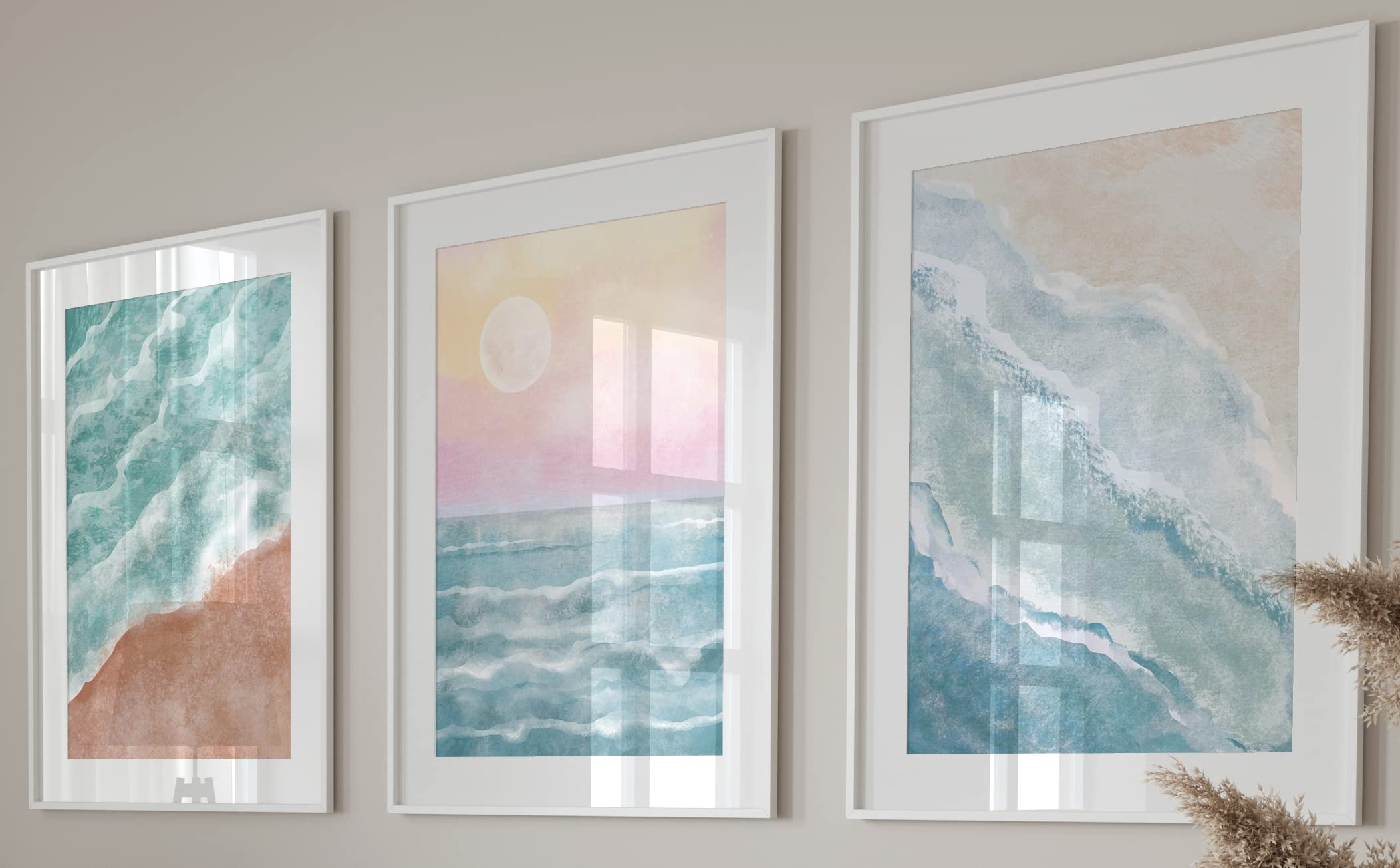 Eviepops Prints Abstract Beach Waves Sunset Set of 3 Unframed Wall Prints, Beach Sea Sand Coastal Landscape Bathroom Wall Art, Home Décor, Watercolour Style Abstract, Ocean Gallery Wall Art (A3)