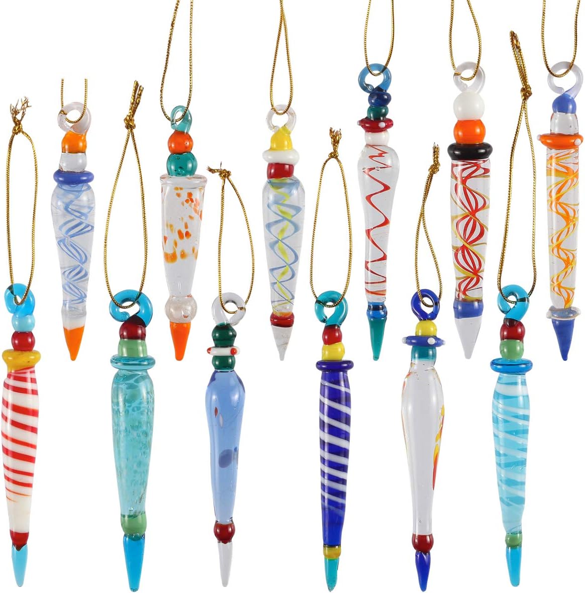 Ornaments - JOYIN 12Pcs Colorful Glass Icicle Ornaments with Crystal Line for Christmas Tree Decorations, 3.54-3.7