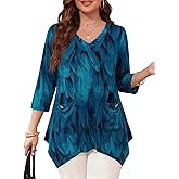 Amrto Plus Size Tops for Women V Neck Flowy Tunic Tops 3/4 Sleeve Loose Fit Blouses for Leggings with Pockets Dressy