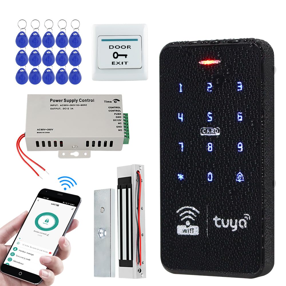 FUSYTULY Outdoor Waterproof Access Control System Kits Wireless WiFi RFID Keypad Touch Password 125KHz 13.56MHz with 180KG Electric Magnetic Lock, Smart Tuya APP Remote Control
