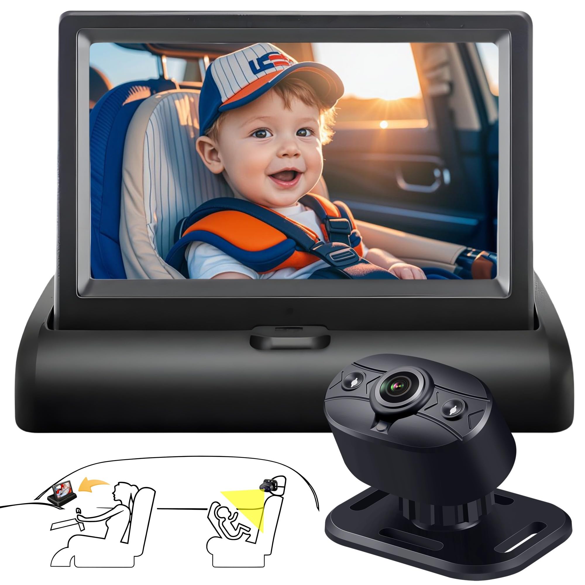 Photo 1 of YIMU Baby Car Camera for Backseat: Rear-Facing Infant Back seat Camera Baby with HD 720P, Easy Setup, Crystal-Clear Night Vision, and 360° Rotation KB (KB40 4.3 inch)