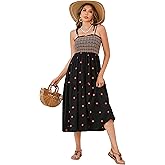 R.Vivimos Womens Summer Cotton Boho Midi Dress 2026 Spaghetti Strap Floral Embroidered Smocked Tiered Flowy Long Dresses