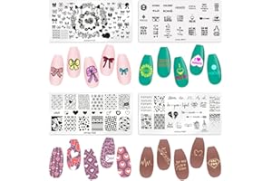 ESTIVAUX 4 PCS Valentines Nail Stamping Plates Love Heart Nail Art Plates Templates Sweet Words Nail Stamper Set Flowers Bows Cherry Printing Nail Stencils Reusable Nail Art Tools
