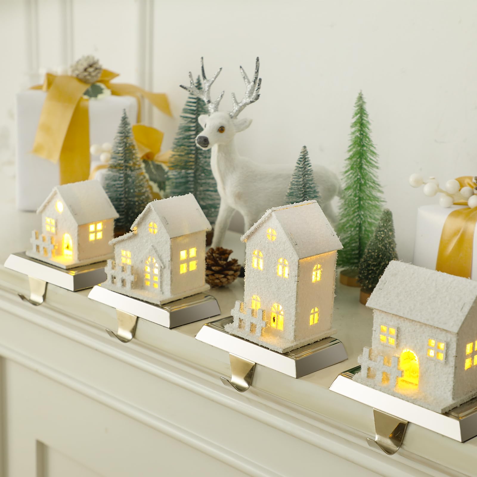 Photo 1 of MorningRo 4 Pcs Christmas Village Stocking Holder for Mantle LED Christmas Village House Stocking Hook Set Fireplace Stand Hanger for Xmas Holiday Counter Window Decoration