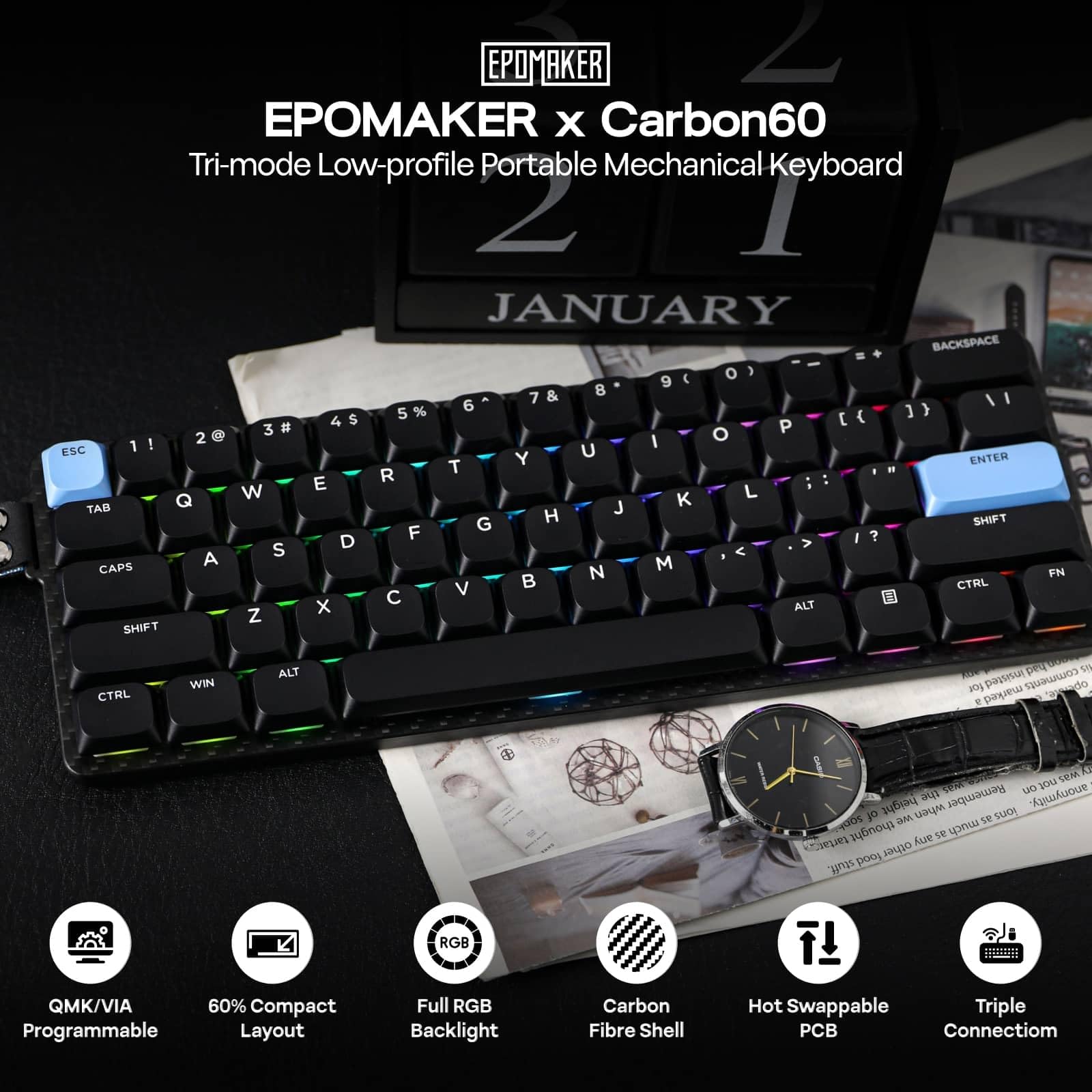EPOMAKER Carbon60 QMK/VIA Wireless Mechanical Keyboard, 60% Compact Layout, Tri-Mode Bluetooth/2.4GHz/USB-C, Carbon Fiber Design, Hot Swappable (Gateron Low-Profile Red Switch)