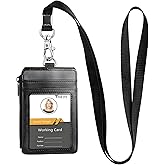 Teskyer Leather ID Badge Holder with Lanyard, Lanyard Wallet, Black | 4-Card Storage, Secure Zipper Pocket, Premium Craftsmanship, Built to Last, Easy Card Access, Work &amp; Travel Ready