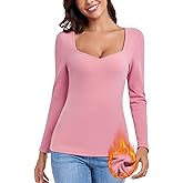Women's Deep V Neck Wrap Tops Thermal Long Sleeve Shirts Sexy Fitted Tops Winter Fleece Lined Tunic Tops Warm Ruched Top