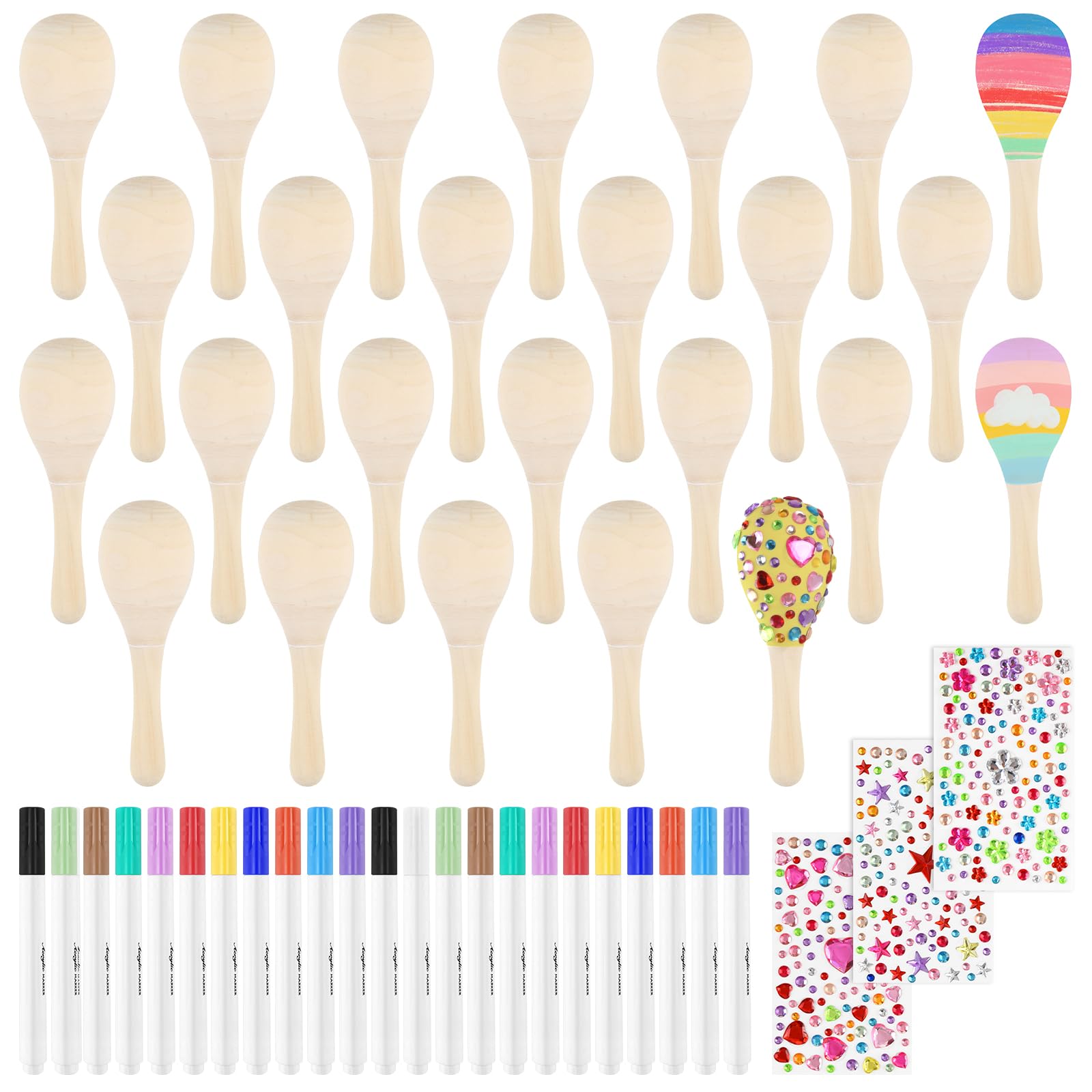 PLULON 15 Pcs Mini Wooden Maracas for Kids Unfinished Wood Maracas Bulk with 15 Pcs Colorful Painting Tools for Fiesta Party Decorations Mexican Party Favors Cinco De Mayo Party Supplies