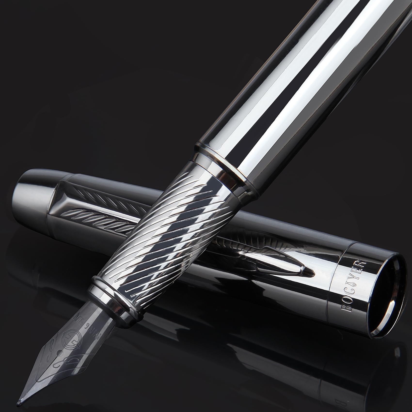 BOCIYER Fountain Pen with Fine Nib & Black Ink, Refillable & Elegant Bent Nib Design, Fountain Pens for Writing, Best Fountain Pen for Smooth & Fancy Writing(Grey)