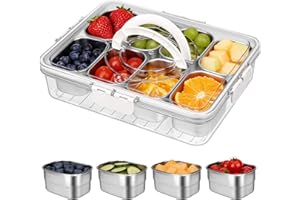 Snackle Box Container with Handle - 8 Compartment Divided Serving stainless steel Tray with Lid - Crystal Clear Charcuterie B