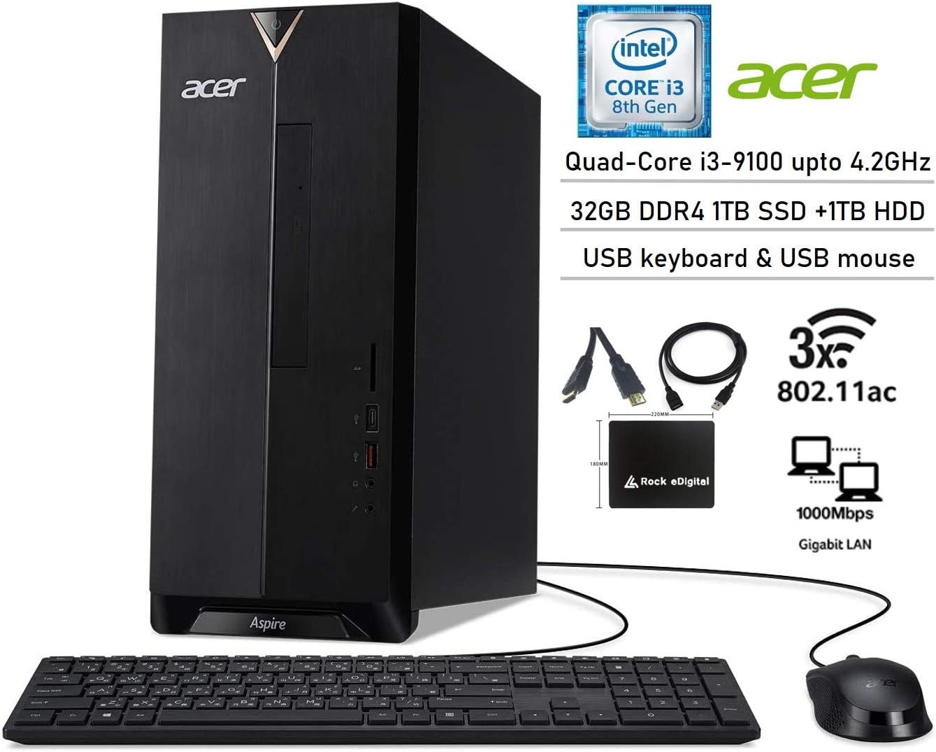 2020 Acer Aspire TC-885 Newest Desktop, 9th Gen Intel Core i3-9100 Upto 4.2GHz,DVD, 32GB DDR4, 1TB SSD + 1TB HDD, 802.11AC, USB 3.1 Type C, Windows 10 Home,Black w/Rock eDigital Accessories