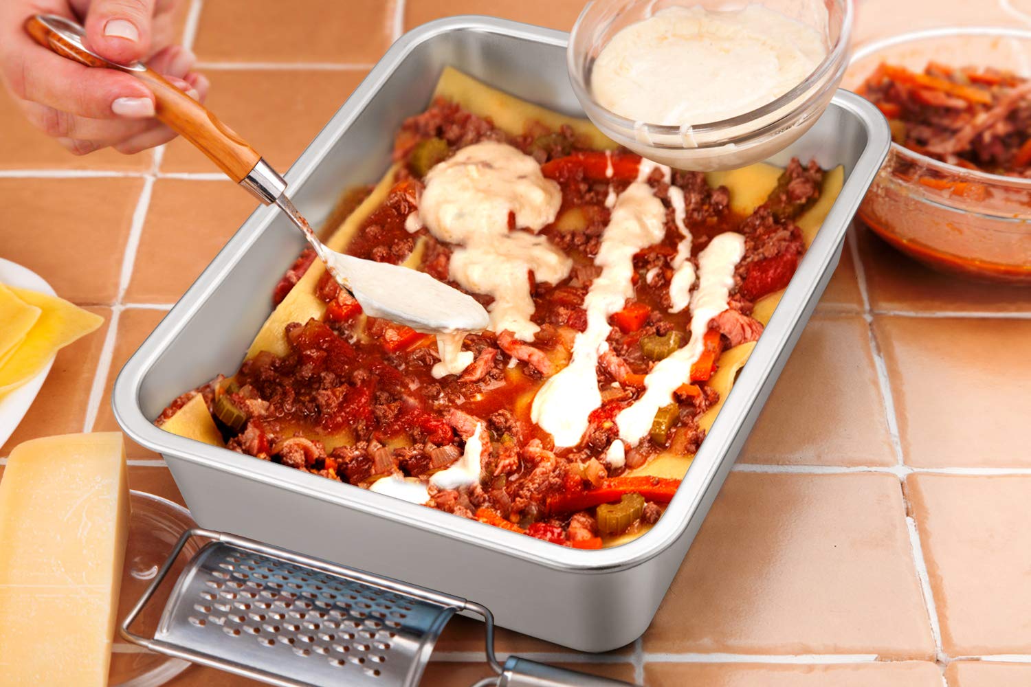 P&P CHEF Lasagna Pan Set, Stainless Steel Rectangular Baking Pan for Brownie/Cake/Meat, Non-Toxic & Heavy Duty, Deep Side & Rolled Rim, Brushed Surface & Dishwasher Safe, 12.7