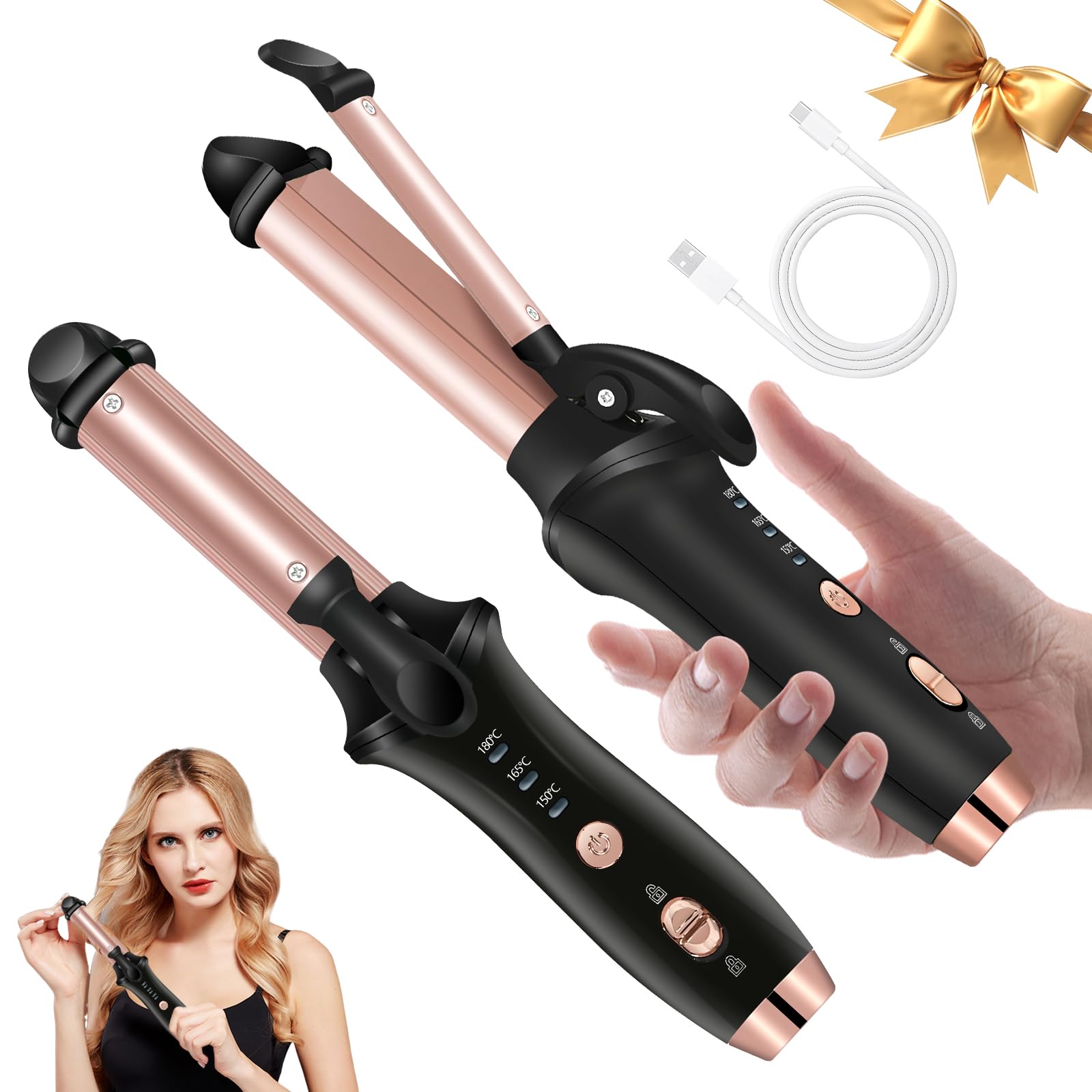 Photo 1 of 4000mAh Rechargeable Cordless Curling Iron, 2-in-1 Mini USB Curler and Straightener Wireless Curling Wand with 3 Temps Settings(302-356°F) Portable Travel Hair Curler Hair Styler for Short & Long Hair