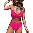 CUPSHE Women's Bikini Sets Two Piece Swimsuit High Waisted V Neck Twist Front Adjustable Spaghetti Straps Bathing Suit