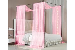 Akiky Canopy Bed Curtains with Light Princess Bed Canopy Scarf for Full/Queen Metal Bed Frame,Wood Frame Bed-2 Panel Sheer Curtain(Full/Queen,Pink)