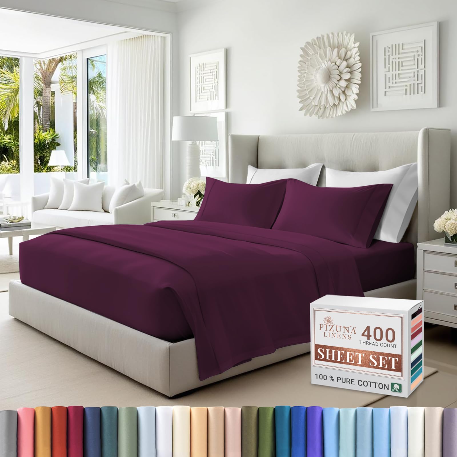 Photo 1 of Pizuna Pure 100% Cotton Sheets Full Size, Luxurious 400 Thread Count Long Staple Cotton Sateen Sheets Full with 15" Deep Pocket (Combed Berry Plum Cotton Sheets Full)